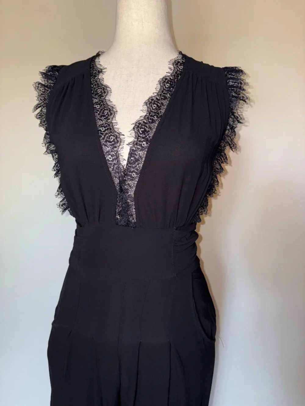 Free People Cem Black Lace-Trim V-Neck Wide-Leg Jumpsuit - Picture 7 of 8